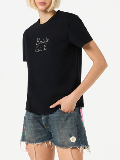Mc2 Saint Barth Woman Cotton T-shirt With Bride Girl Rhinestone Embroidery In Black