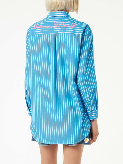 Mc2 Saint Barth Striped Cotton Shirt With Born In St. Barth Embroidery In Blue