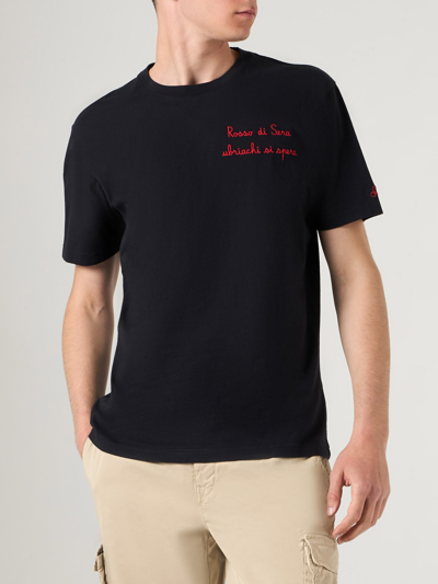 Mc2 Saint Barth Man T-shirt With Rosso Di Sera, Ubriachi Si Spera Embroidery In Black