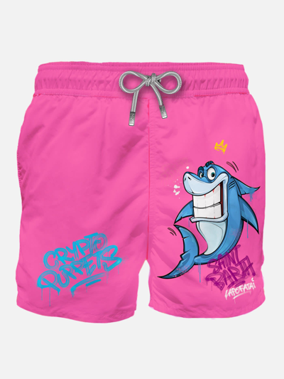 Mc2 Saint Barth Man Swim Shorts With Shark Print Crypto Puppets® Special Edition In Pink
