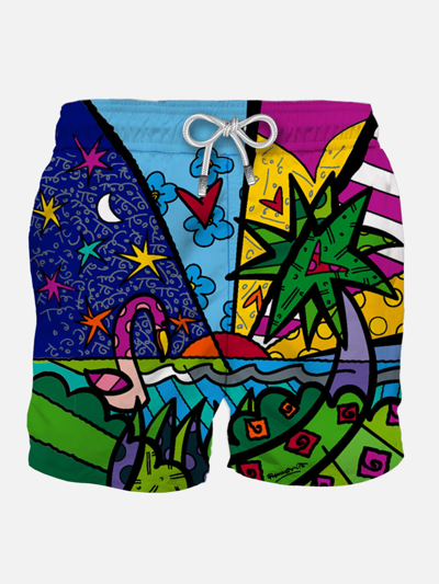 Mc2 Saint Barth Man Swim Shorts With Multicolor Beach Print Britto Special Edition In Sky