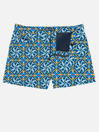 Mc2 Saint Barth Man Swim Shorts With Maiolica Print In Blue