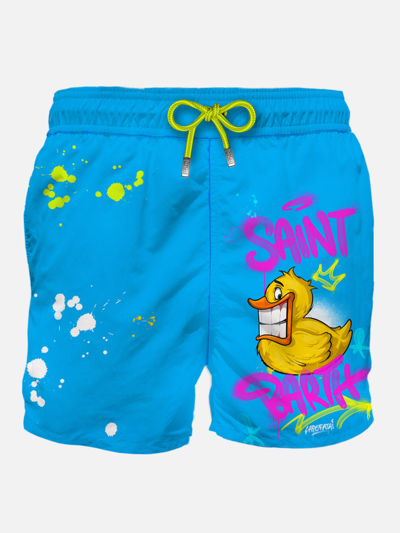 Mc2 Saint Barth Man Swim Shorts With Duck Print Crypto Puppets® Special Edition In Sky