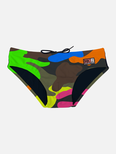 Mc2 Saint Barth Man Swim Briefs With Multicolor Camouflage Print In Fluo