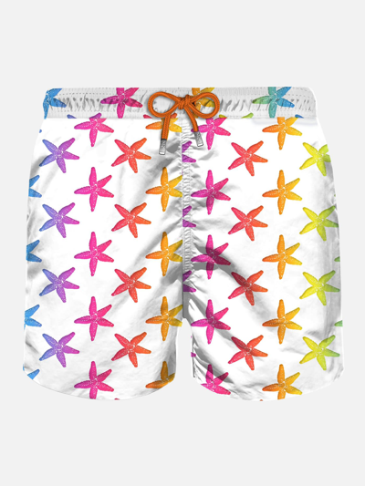 Mc2 Saint Barth Man Smooth Swim Shorts With Seastar Print In White