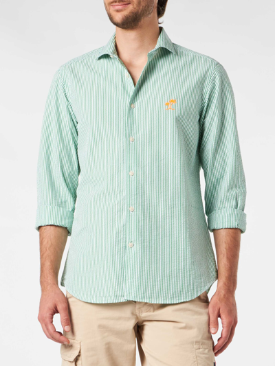 Mc2 Saint Barth Man Seersucker Striped Pamplona Shirt In Green