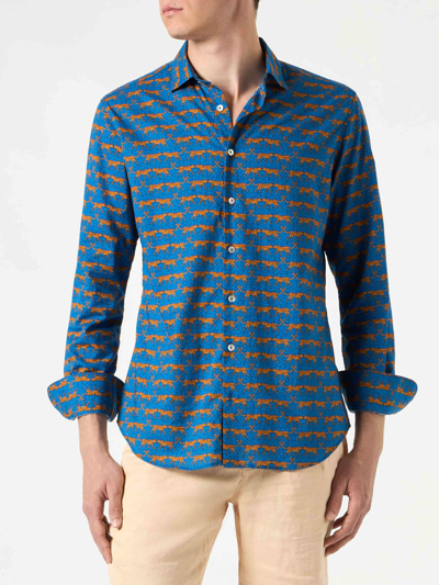 Mc2 Saint Barth Man Muslin Cotton Sikelia Shirt With Wild Cat Print In Blue