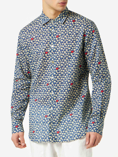 Mc2 Saint Barth Man Muslin Cotton Sikelia Shirt With Palm Print In Blue