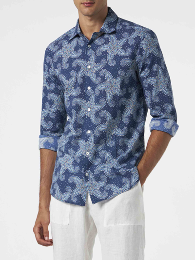 Mc2 Saint Barth Man Muslin Cotton Sikelia Shirt With Paisley Star Print In Blue