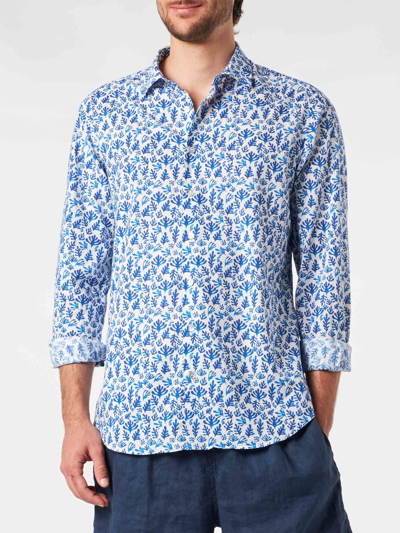 Mc2 Saint Barth Man Muslin Cotton Sikelia Shirt With Blue Leaves Print In White