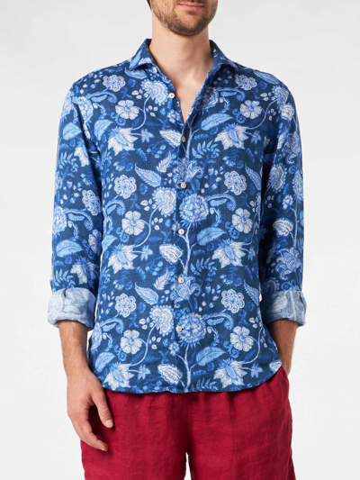 Mc2 Saint Barth Man Linen Pamplona Shirt With Flower Print In Blue