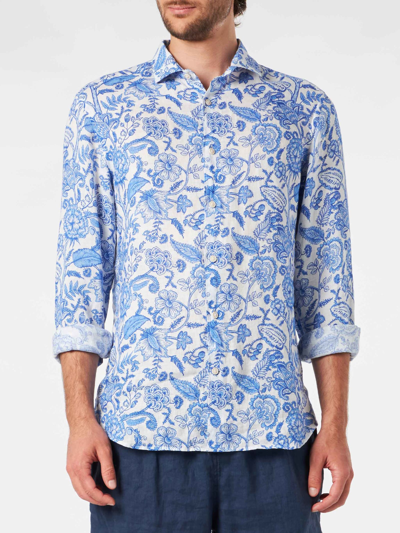 Mc2 Saint Barth Man Linen Pamplona Shirt With Flower Print In White