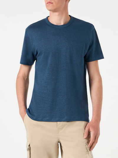 Mc2 Saint Barth Man Linen Jersey T-shirt In Blue