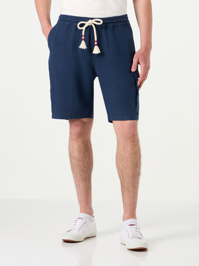 Mc2 Saint Barth Man Linen Bermuda Shorts In Blue