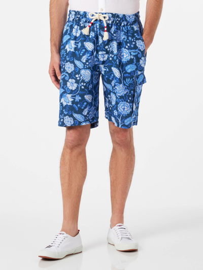 Mc2 Saint Barth Man Linen Blue Bermuda Shorts With Flower Print