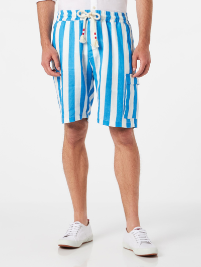 Mc2 Saint Barth Man Linen Bermuda Shorts With White And Bluette Stripes