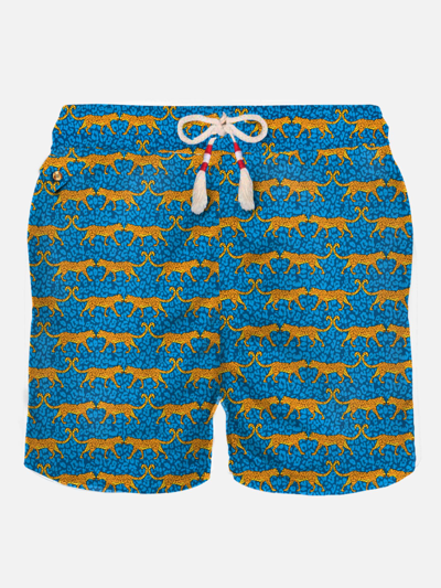 Mc2 Saint Barth Man Light Fabric Swim Shorts With Wild Cat Print In Blue