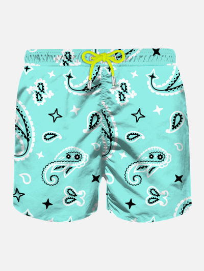 Mc2 Saint Barth Man Light Fabric Swim Shorts With Water Green Bandanna Print