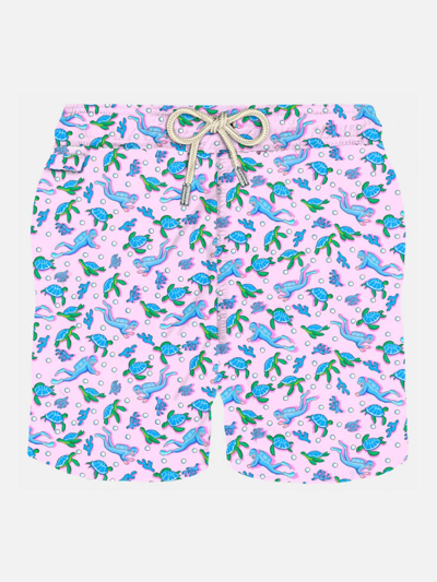 Mc2 Saint Barth Man Light Fabric Swim Shorts With Turtles And Scuba Divers Print In Pink