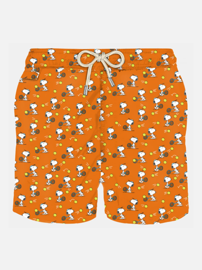 Mc2 Saint Barth Man Light Fabric Swim Shorts With Tennis Snoopy Print Snoopy - Peanuts Special Edition In Orange