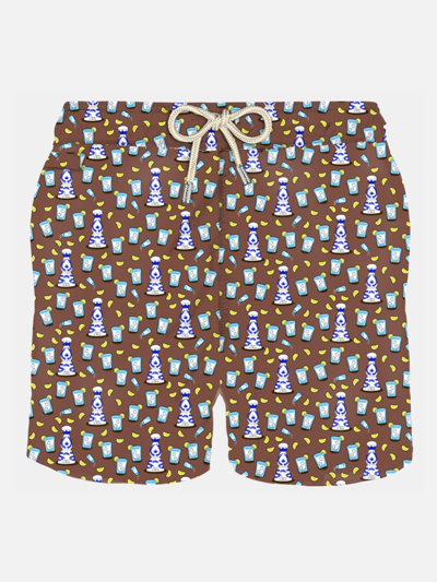 Mc2 Saint Barth Man Light Fabric Swim Shorts With Tequila Print In Brown