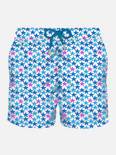 Mc2 Saint Barth Man Light Fabric Swim Shorts With Starfish Print In White