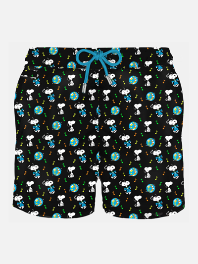 Mc2 Saint Barth Man Light Fabric Swim Shorts With Snoopy Print Peanuts® Special Edition In Black