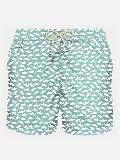 Mc2 Saint Barth Man Light Fabric Swim Shorts With Sharks Print In Green