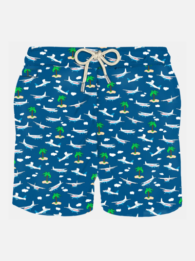 Mc2 Saint Barth Man Light Fabric Swim Shorts With Plane And Island Print In Blue