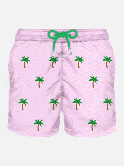 Mc2 Saint Barth Man Light Fabric Swim Shorts With Palm Embroidery In Pink