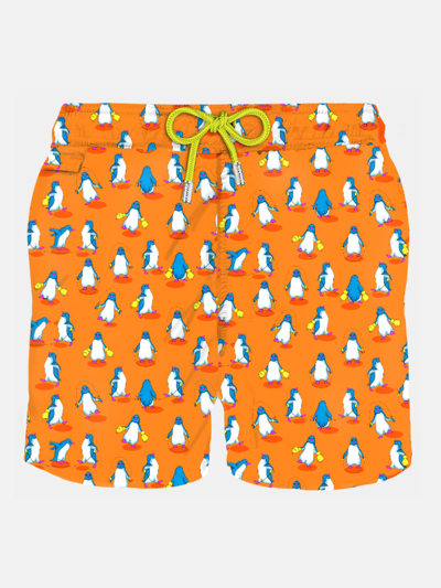 Mc2 Saint Barth Man Light Fabric Swim Shorts With Penguins Print In Orange