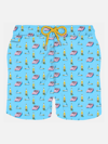 Mc2 Saint Barth Man Light Fabric Swim Shorts With Newspaper, Beer And Cigarette Print In Celeste