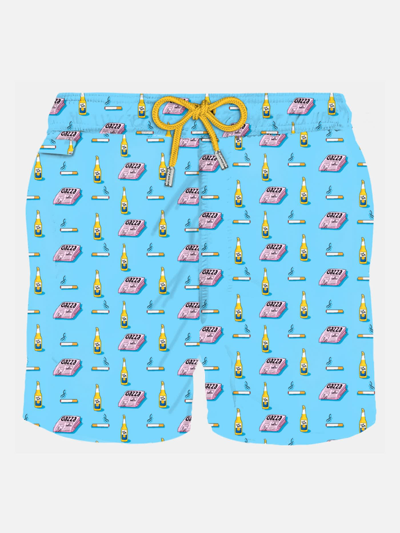 Mc2 Saint Barth Man Light Fabric Swim Shorts With Newspaper, Beer And Cigarette Print In Celeste