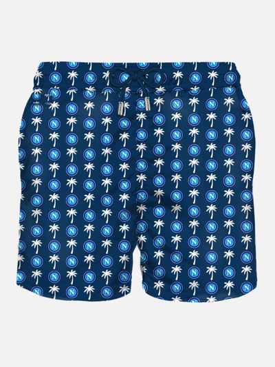 Mc2 Saint Barth Man Light Fabric Swim Shorts With Napoli Logo Print Ssc Napoli Special Edition In Blue