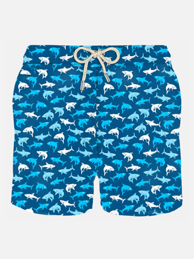 Mc2 Saint Barth Man Light Fabric Swim Shorts With Multicolor Sharks Print In Blue