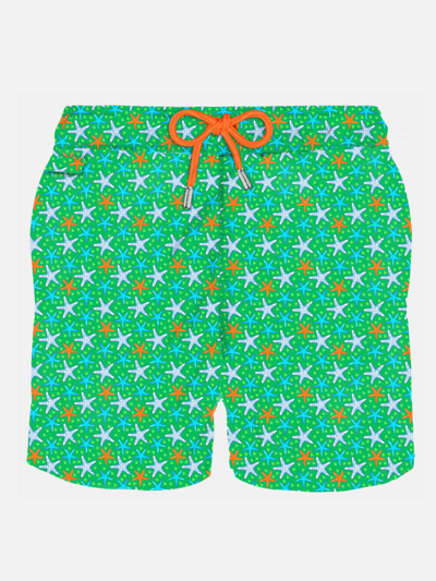 Mc2 Saint Barth Man Light Fabric Swim Shorts With Multicolor Starfish Print In Green
