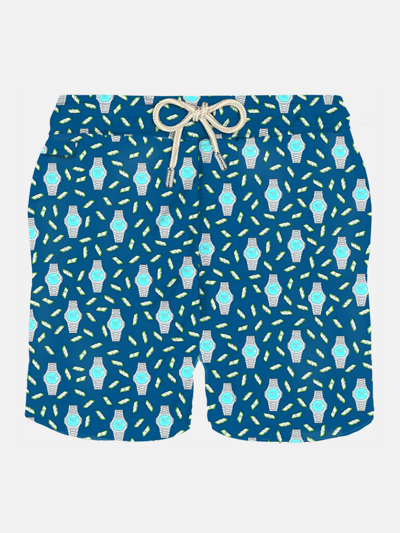 Mc2 Saint Barth Man Light Fabric Swim Shorts With Money And Swatch Print In Blue