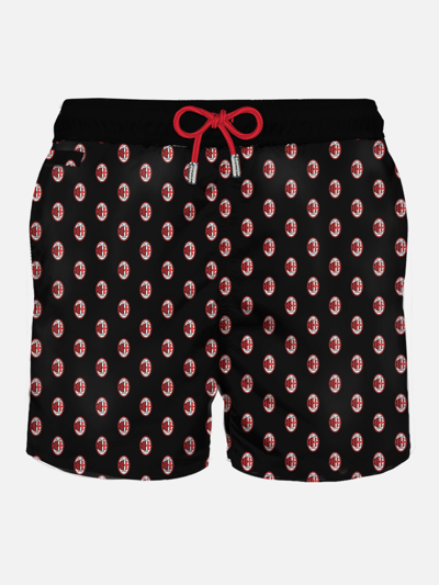 Mc2 Saint Barth Man Light Fabric Swim Shorts With Milan Print Milan Special Edition In Black