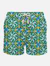 Mc2 Saint Barth Man Light Fabric Swim Shorts With Majolica Print In Green