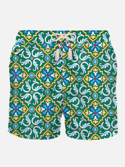 Mc2 Saint Barth Man Light Fabric Swim Shorts With Majolica Print In Green