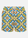 Mc2 Saint Barth Light Fabric Man Swim Shorts Maiolica Print In White
