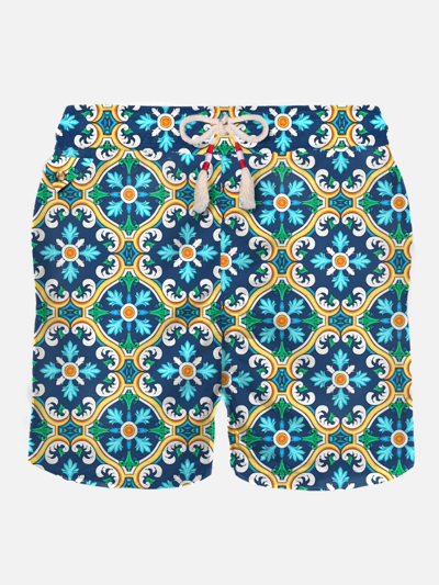 Mc2 Saint Barth Man Light Fabric Swim Shorts With Majolica Print In Blue