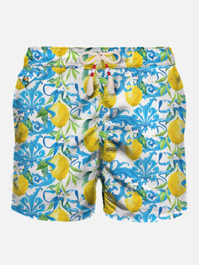 Mc2 Saint Barth Man Light Fabric Swim Shorts With Lemon Print In White