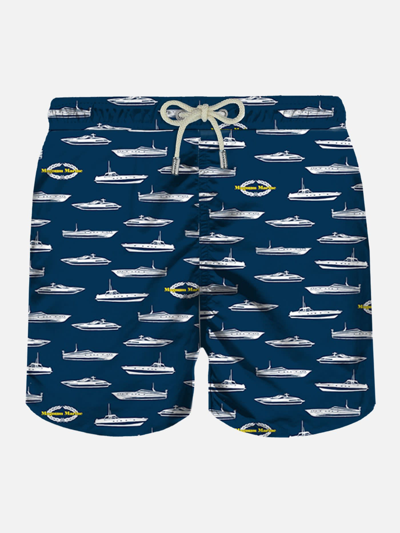 Mc2 Saint Barth Man Light Fabric Swim Shorts With Magnum Marine Print Magnum Marine Special Edition In Blue