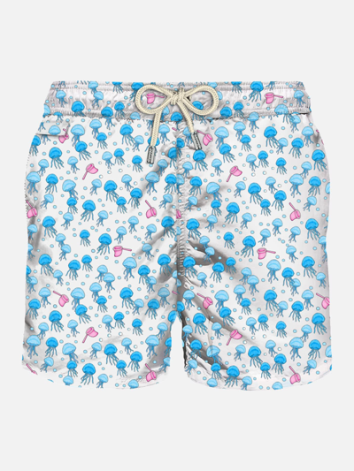 Mc2 Saint Barth Man Light Fabric Swim Shorts With Jellyfish Print In White