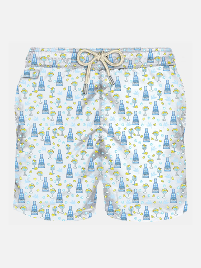 Mc2 Saint Barth Man Light Fabric Swim Shorts With Gin Print Gin Mare Special Edition In 蓝色