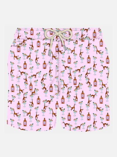 Mc2 Saint Barth Man Light Fabric Swim Shorts With Gin And Monkey Print In Pink