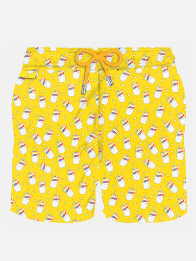 Mc2 Saint Barth Man Light Fabric Swim Shorts With Estathé Print Estathe® Special Edition In Yellow