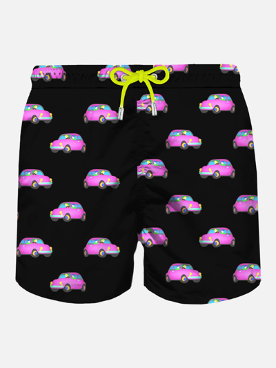 Mc2 Saint Barth Man Light Fabric Swim Shorts With Cars Print Marco Lodola Special Edition In Black