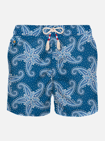 Mc2 Saint Barth Man Light Fabric Swim Shorts With Blue Paisley Print